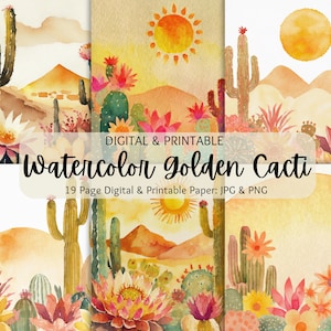 Pack de papier numérique aquarelle cactus | Arrière-plans de cactus aquarelle doré | Papier de scrapbooking bohème cactus | Utilisation commerciale | Papier imprimable