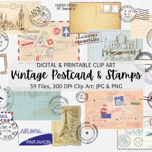 Vintage Digitale Postkarten & Briefmarken Ephemera Bundle | Druckbare Digitaler Download | Junk Journal | DIY-Journal Kit | Sammelalbum Ephemera