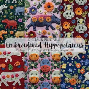 Hippopotamus Embroidery Images | Embroidery Hippopotamus | Embroidered Hippopotamus Pattern | Embroidered Seamless Patterns | Commercial Use