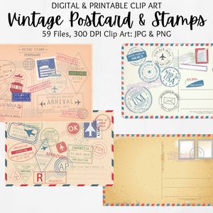 Vintage Digital Postcards & Stamps Ephemera Bundle | Printable Digital ...