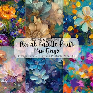 Puede incluir: Una colección de pinturas florales digitales e imprimibles con espátula. La obra presenta flores vibrantes en tonos naranja, morado, azul y crema. El texto de la imagen dice "Floral Palette Knife Paintings" y "39 páginas 30.5cm x 30.5cm Digital & Printable Paper: JPG."