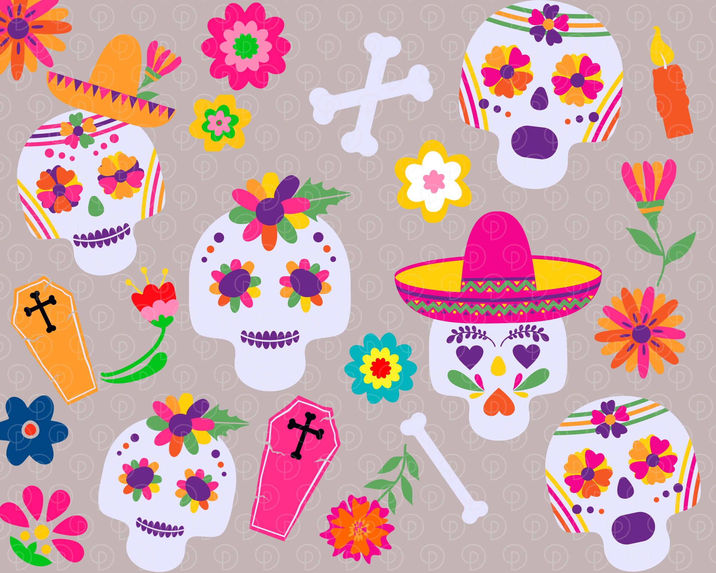 Floral Sugar Skull Clipart | Day of the Dead Clip Art | Dia De Los ...