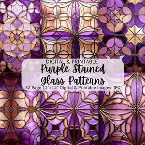 Stained Glass Images | Purple Stained Glass Patterns | Seamless Patterns | Digital Paper Pack | Commercial Use | Stained Glass Flowers