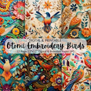 Könnte beinhalten: Zwölf digitale Papiere mit bunten Vögeln im Stil der Otomi-Stickerei mit floralen Mustern. Jedes Papier ist 30,5 cm x 30,5 cm groß.