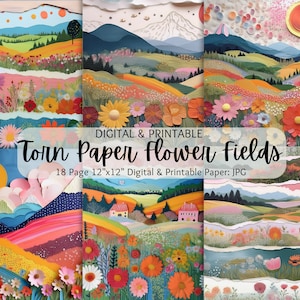 Campi di fiori di carta strappata / Fiore di carta deckle / Sfondo floreale / Carta floreale ritagliata a strati / Creazione di cartoline / Scrapbook / Uso commerciale