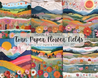 Campos de flores de papel rasgado / Flor de papel deckle / Fondo floral / Papel de flores recortado en capas / Fabricación de tarjetas / Álbum de recortes / Uso comercial