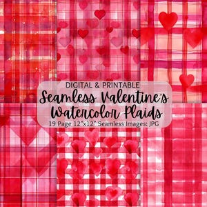 May include: A digital download of 19 seamless watercolor plaid patterns featuring red and white gingham with hearts.  The patterns are 12 inches by 12 inches and are perfect for Valentine's Day crafts.