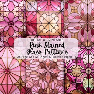 Stained Glass Images | Pink Stained Glass Patterns | Seamless Patterns | Digital Paper Pack | Commercial Use | Stained Glass Flowers
