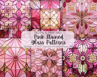 Bilder på målat glas | Rosa mönster på målat glas | Sömlösa mönster | Digitalt papperspaket | Kommersiellt bruk | Blommor på målat glas