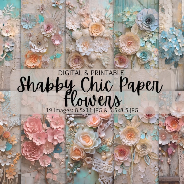 Shabby Chic Paper Flowers | Rustic Junk Journal Paper | Layered Cutout Flower Paper | Vintage Digital Paper Pack | Scrapbooking | Decoupage