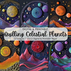 Quilling med himmelska galaxer, vibrerande planeter | Digitalt papperspaket | Kommersiellt bruk | Scrapbooking | Sol | Måne | Stjärnor | Junk Journal-kit