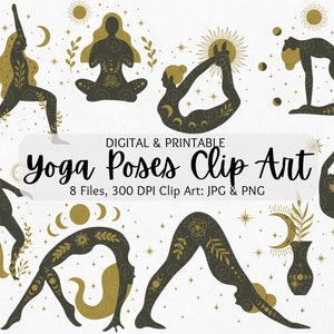 Clipart de yoga / Posturas de yoga PNG / Paquete de imágenes prediseñadas de yoga floral / Arte de atención plena / Arte de meditación de yoga / Imprimibles / Uso comercial / PNG
