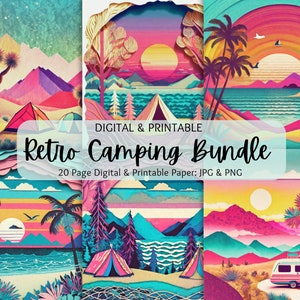Pacote de acampamento retrô Synthwave de papel em camadas | Pacote de papel digital | Uso Comercial | Álbum de recortes | Campista | Tenda | Fogueira | Diário Lixo