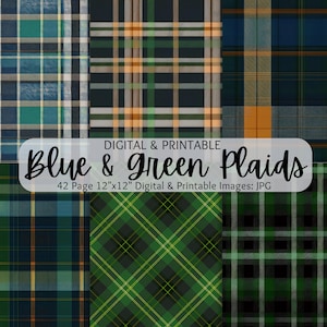 May include: A digital paper pack of 42 blue and green plaid patterns, each measuring 12 inches by 12 inches. The patterns are in a variety of styles, including traditional, modern, and abstract.