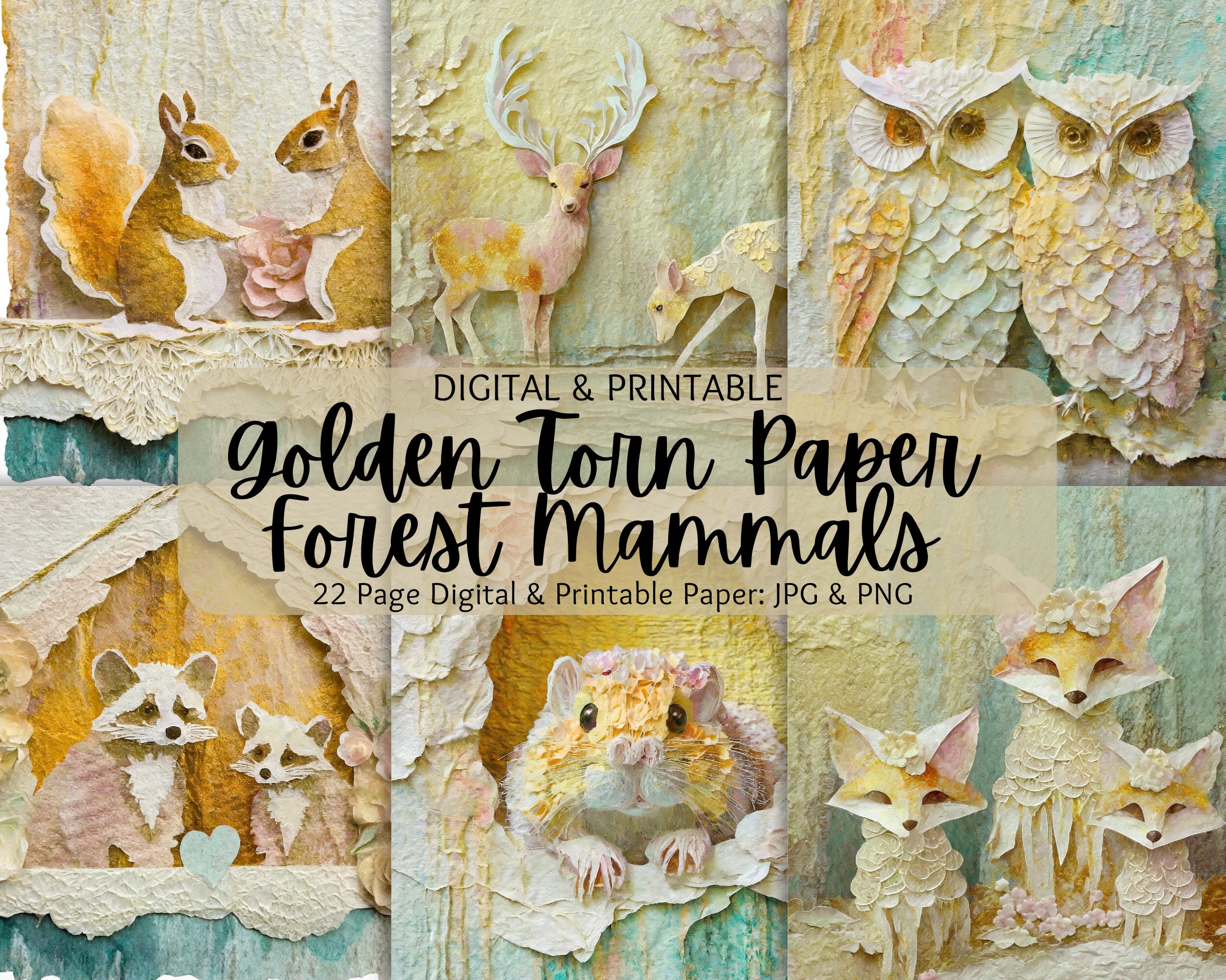 Torn Paper Watercolor Owls, Raccoon's, Deer, Foxes, Squirrels | Deckle Paper | Watercolor Backgr