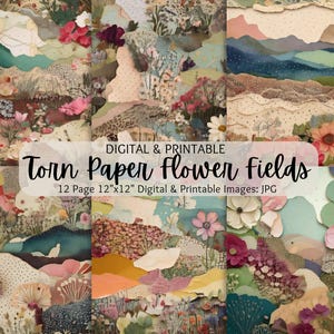 Campi di fiori di carta strappata / Fiore di carta deckle / Sfondo floreale / Carta floreale ritagliata a strati / Creazione di cartoline / Scrapbook / Uso commerciale
