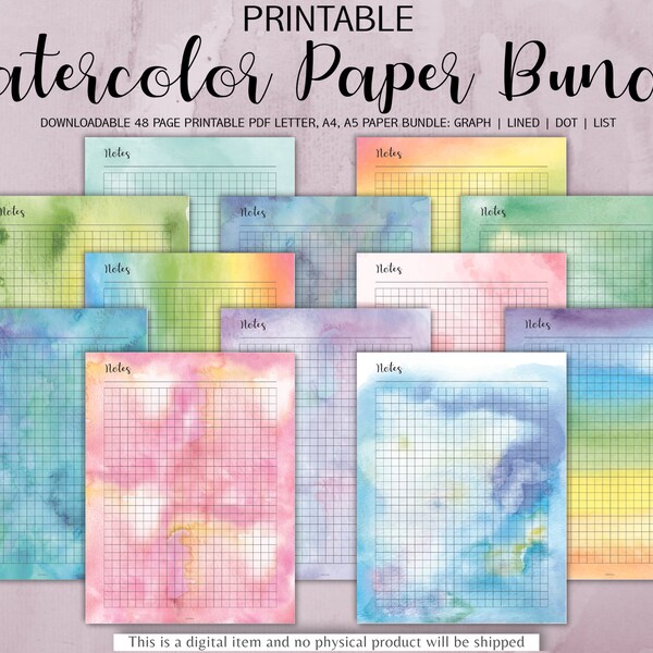 Watercolor Note Taking Journal Printable Paper Insert Bundle | Dot Grid, Lined, and Graph Paper | Bullet Journal Paper