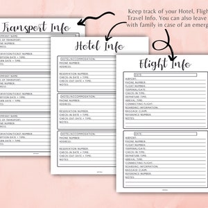 May include: Black and white printable travel planner with sections for transport, hotel, and flight information. The planner includes fields for company name, type of transport, phone number, address, reservation number, reception date and time, return date and time, notes, hotel accommodation, phone number, address, reservation number, check-in date and time, check-out date and time, notes, airport, phone number, flight number, terminal/gate, check-in time, departure time, arrival time, connecting flight, boarding information, baggage claim, reference number, and notes.