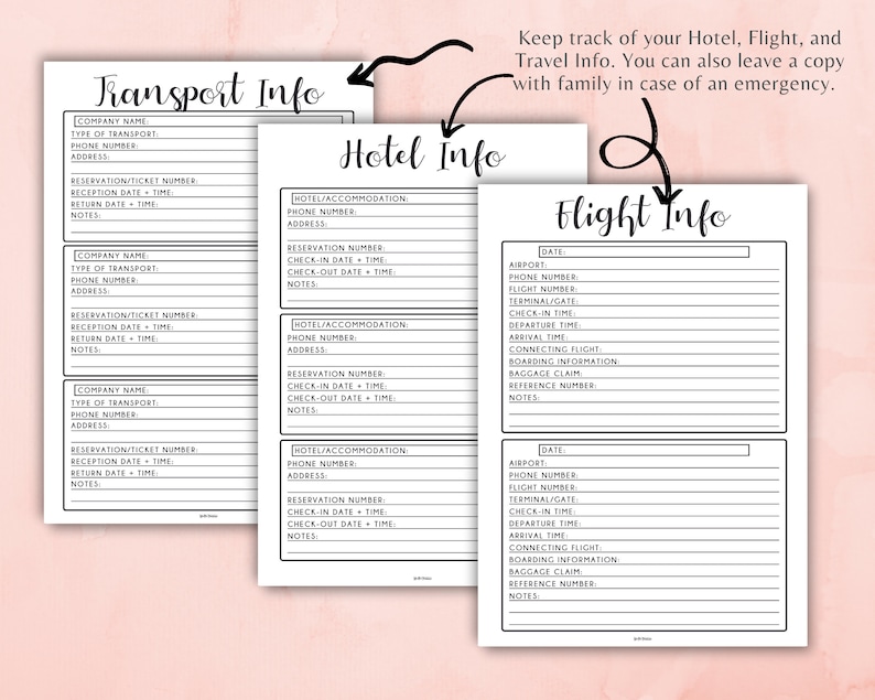 May include: Black and white printable travel planner with sections for transport, hotel, and flight information. The planner includes fields for company name, type of transport, phone number, address, reservation number, reception date and time, return date and time, notes, hotel accommodation, phone number, address, reservation number, check-in date and time, check-out date and time, notes, airport, phone number, flight number, terminal/gate, check-in time, departure time, arrival time, connecting flight, boarding information, baggage claim, reference number, and notes.