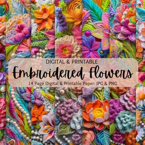 刺繍された鮮やかな花の画像 | 刺繍の花のパターン | 3D 花のデジタル ペーパー | 商用利用 | スクラップブッキング | クラフト プロジェクト
