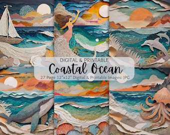Coastal Junk Journal gelaagd papier | Getextureerd oceaanpapier | Digitaal papierpakket | Commercieel gebruik | Plakboeken | Gemengde techniek | Strandpapier