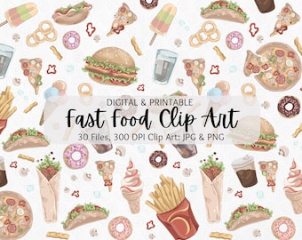 Fast Food Clipart | Junk Food Clipart Set | Street Food Clipart | Burger, Pizza, Tacos, Hotdog, Ice Cream, Donut | PNG