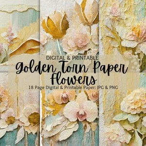 Fiori dorati dell'acquerello di carta strappata / Fiore di carta deckle / Sfondo floreale acquerello PNG / Carta ritagliata a strati / Uso commerciale
