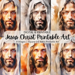 Puede incluir: Un conjunto de arte digital imprimible con ocho imágenes de Jesucristo. Las imágenes están en una proporción cuadrada 1:1 y son perfectas para imprimir y enmarcar.