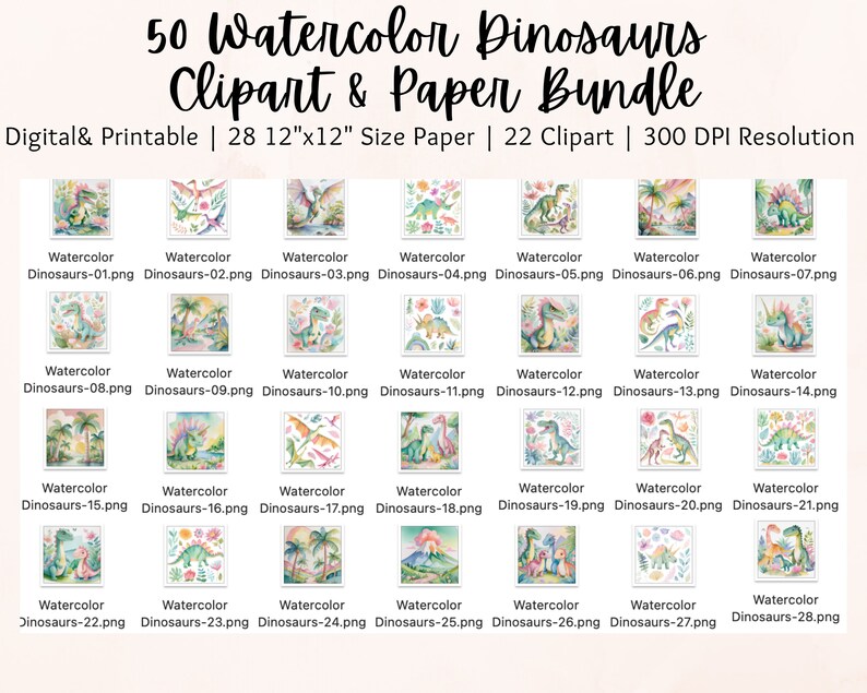 Watercolor Dinosaur Clipart Bundle | Watercolor Dinosaurs Digital Paper ...