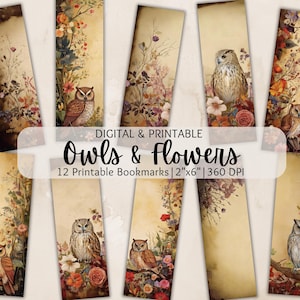 Signets imprimables hiboux et fleurs fantaisistes | de signets floraux vintage | PNG | Cadeau pour amoureux des livres | Étiquette de journal indésirable | Scrapbooking