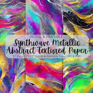 May include: A set of 27 digital papers featuring abstract, textured designs in a synthwave style. The papers feature vibrant colors, including pink, blue, green, yellow, and gold, with metallic accents. The papers are 12 inches by 12 inches and are available in JPG and PNG formats.