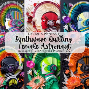 Arte di carta astronauta femminile quilling Synthwave colorato / Carta per download digitali / Uso commerciale / Carta stampabile / Carta Scrapbooking