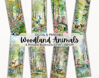 Watercolor Woodland Animals Printable Bookmarks | Whimsical Forest | Bookmark Set | PNG | Book Lover Gift | Junk Journal Tag | Scrapbooking