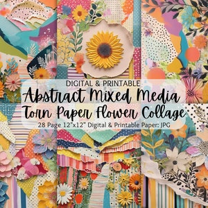 Collage astratto di fiori di carta strappata con supporti misti / Carta digitale / Uso commerciale / Collage astratto / Arte multimediale mista / Pois / Strisce