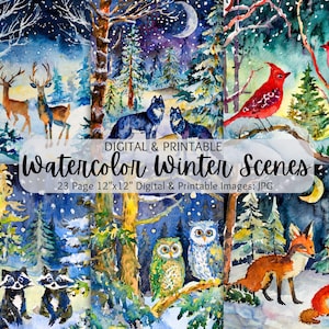 Watercolor Winter Woodland Animal Forest | Winter Digital Paper | Digital Download | Commercial Use | Printable | Scrapbooking | Christmas