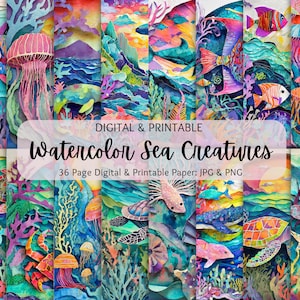 Watercolor Sea Creatures Paper | Ocean Digital Paper Pack | Commercial Use | Scrapbooking | Mermaids | Sea Turtles | Jellyfish | Sharks