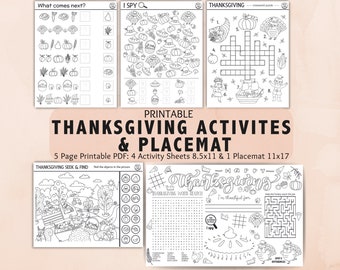 Thanksgiving Activity Placemat | Thanksgiving Activities for Kids | Thanksgiving Printable | Activity Table | Printable Games Thanksgiving
