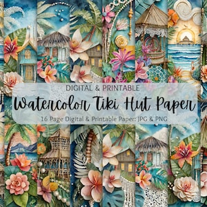 May include: Watercolor digital paper featuring 16 pages of tropical tiki hut designs. The paper includes palm trees, flowers, and ocean scenes in shades of blue, green, pink, and white.