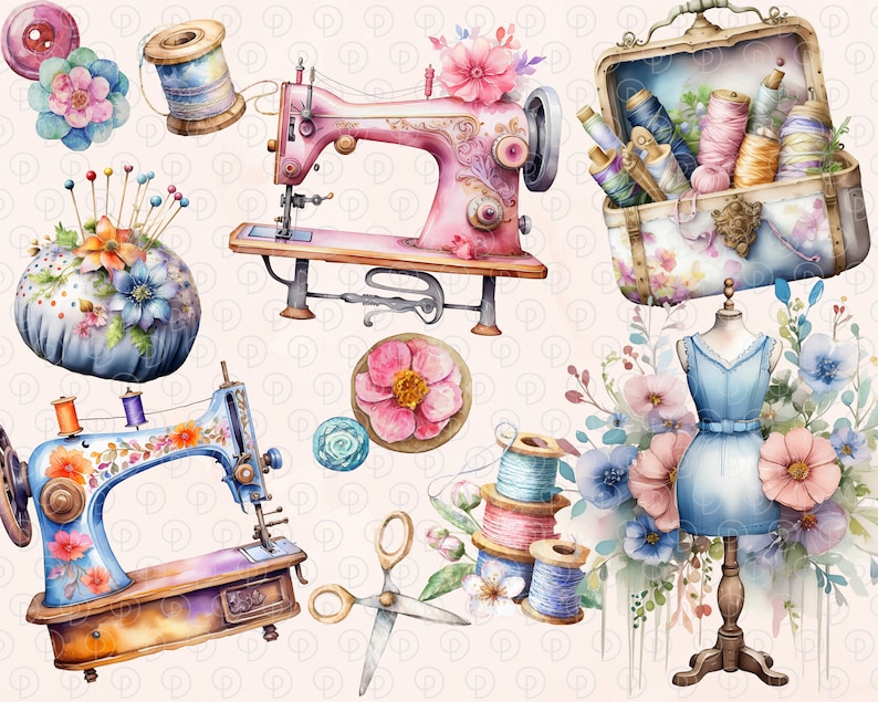 Watercolor Sewing Clipart | Sewing Machines Clipart | Instant Download ...