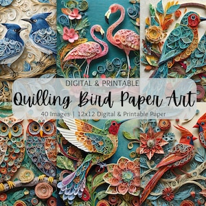 Papier d'art quilling oiseaux | Téléchargements numériques | Créations en papier | Utilisation commerciale | Papier imprimable | Papier pour scrapbooking | Colibri | Flamants roses