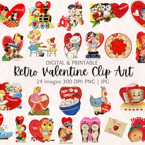 Retro Walentynki Clipart | Vintage Walentynki PNG Clipart | Junk Journal Ephemera | Połowa wieku | Chłopcy i dziewczęta Walentynki z lat 50. i 60. XX wieku