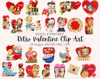 Retro Valentine&#39;s Day Clipart | Vintage Valentines PNG Clip Art | Junk Journal Ephemera | Mid Century | 1950s-60s Boys & Girls Valentines