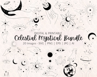 Könnte beinhalten: Ein Set mit 20 himmlischen und mystischen Illustrationen in Schwarzweiß. Die Illustrationen zeigen Hände, die Monde, Sonnen, Sterne, Planeten und Kristalle halten. Der Text "DIGITAL & PRINTABLE Celestial Mystical Bundle 20 Images - SVG | PNG | EPS | JPG | AI" befindet sich am unteren Rand des Bildes.