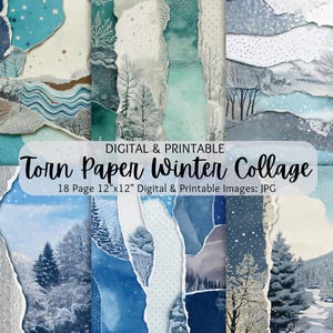 Collage invernale astratto su carta strappata / Carta digitale / Uso commerciale / Collage astratto / Arte multimediale / Pois / Alberi invernali / Neve