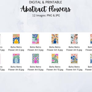Puede incluir: Doce ilustraciones digitales de flores abstractas en estilo retro. Cada imagen presenta un jarr&oacute;n con flores de varios colores, incluyendo rosa, azul, amarillo y verde. Las im&aacute;genes son perfectas para usar en scrapbooking digital, creaci&oacute;n de tarjetas u otros proyectos creativos.