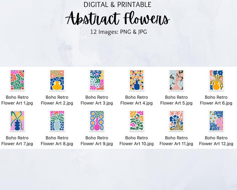 Puede incluir: Doce ilustraciones digitales de flores abstractas en estilo retro. Cada imagen presenta un jarr&oacute;n con flores de varios colores, incluyendo rosa, azul, amarillo y verde. Las im&aacute;genes son perfectas para usar en scrapbooking digital, creaci&oacute;n de tarjetas u otros proyectos creativos.