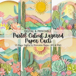 Pastel Cacti Cutout Layered Paper / Paquete de papel digital / Fondos de cactus / Papel de álbum de recortes Cactus Boho / Uso comercial / Imprimible / PNG