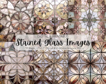 Bilder på målat glas | Bilder på metalliskt målat glas | Sömlösa mönster | Digitalt papperspaket | Kommersiellt bruk | Blommor på målat glas