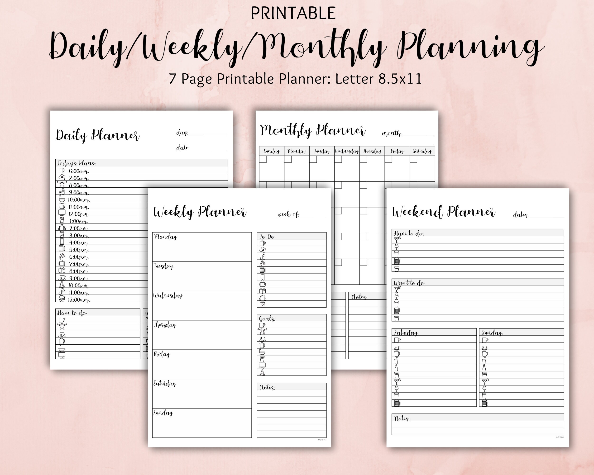 Daily, Weekly, Weekend, Monthly Planner Bundle Printable | Letter ...