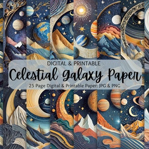 May include: A selection of digital and printable celestial galaxy paper designs. The designs showcase planets, stars, and mountains in blue, gold, and orange hues. The text "Celestial Galaxy Paper" is clearly visible.